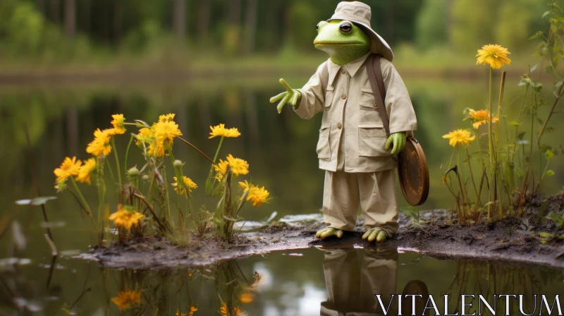 Adventurous Green Frog in Stylish Costume by the Pond AI Image