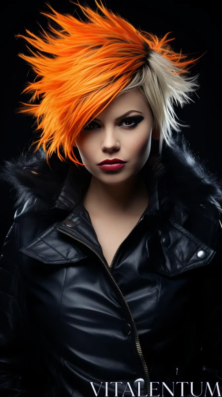Bold and Vibrant Woman with Black Leather Jacket and Orange Hair AI Image