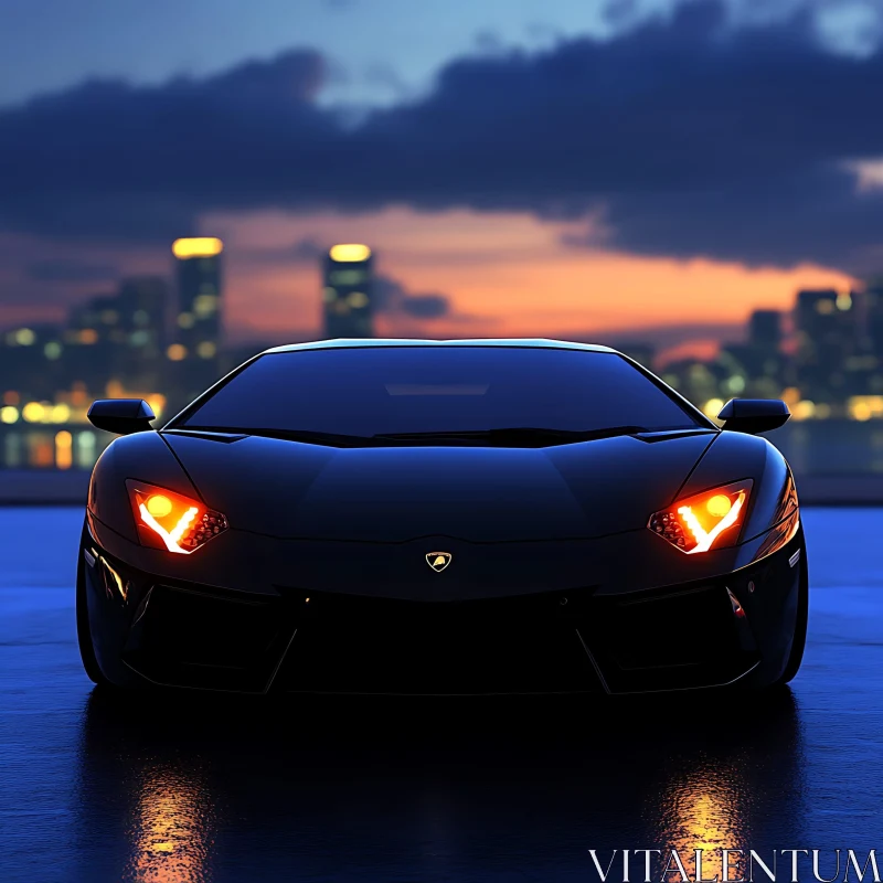 Elegant Black Supercar at Dusk in the City AI Image