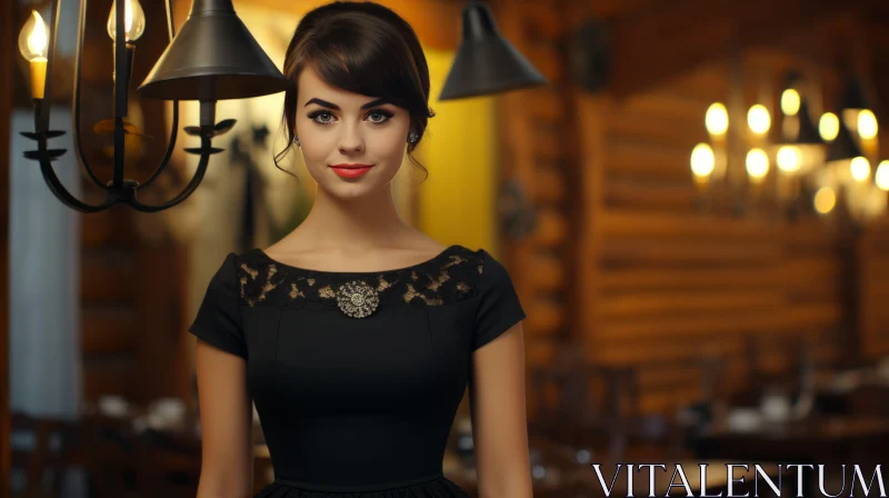 Elegant Woman in Black Dress: Kitsch and Camp Charm AI Image