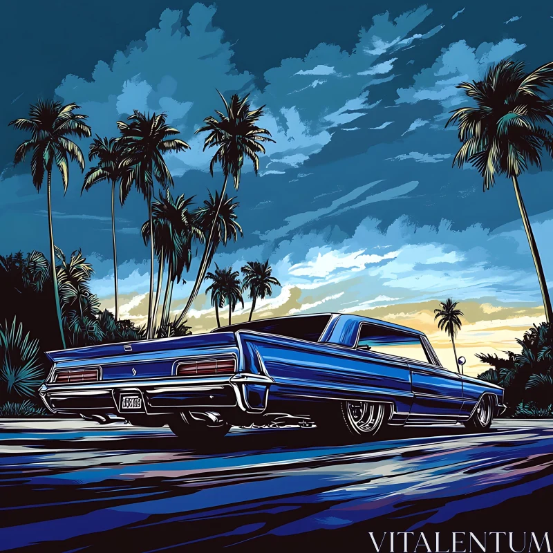 Vintage Blue Car with Palm Trees at Sunset AI Image