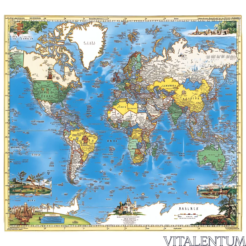 Old-Style Illustrated Map of the World AI Image