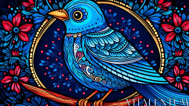 Neon Art Nouveau Blue Bird Illustration AI Image
