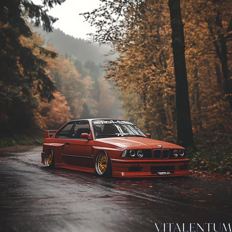 Vintage Red BMW Car in Misty Fall Landscape AI Image