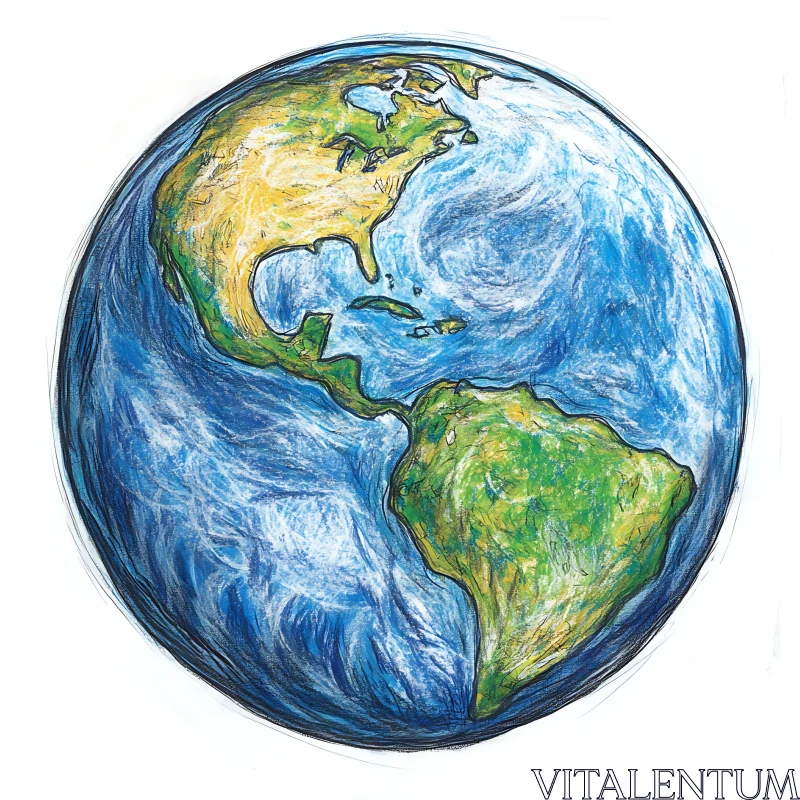 Hand-Drawn Planet Earth with Americas AI Image