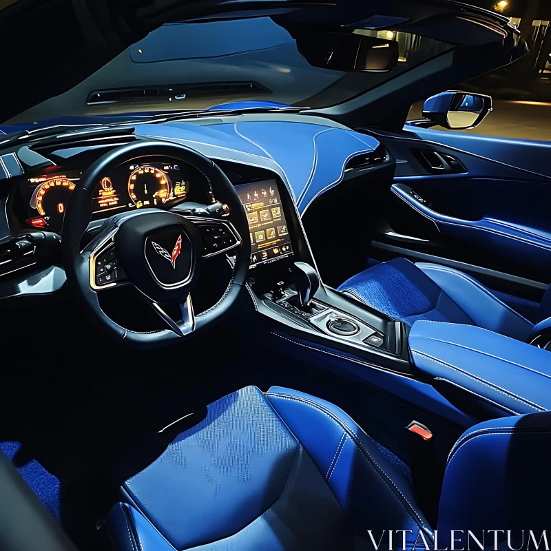 Elegant Car Interior with Blue Seats and Advanced Technology AI Image