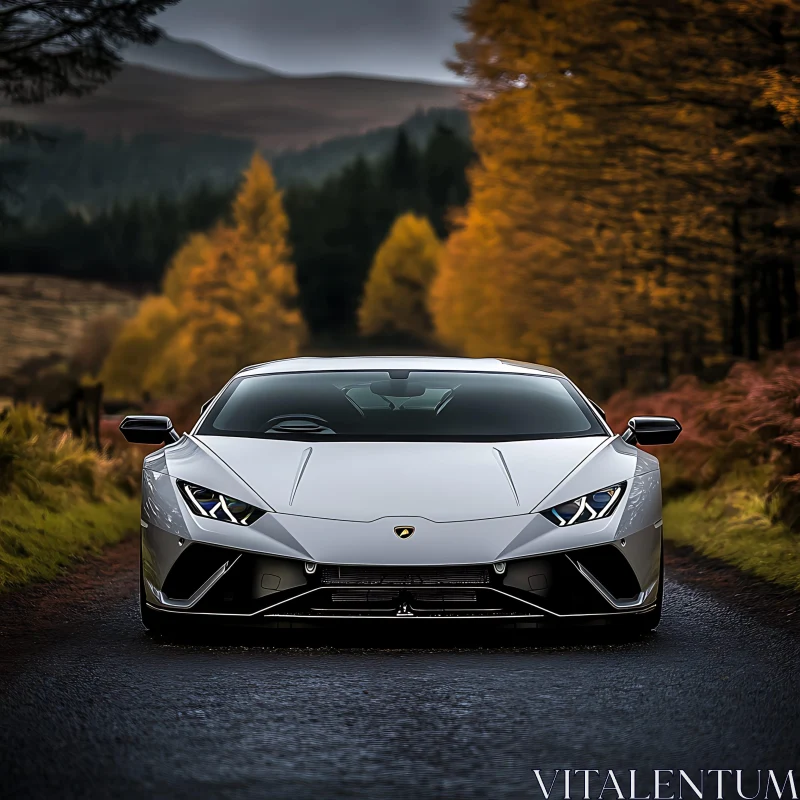 Luxury Sports Car Amidst Autumn Foliage AI Image