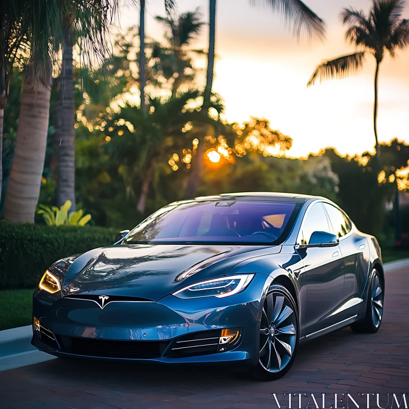 sunset luxury electric car near palm trees AI Image