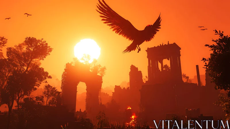 Majestic Bird Flying Over Ancient Ruins at Sunset AI Image