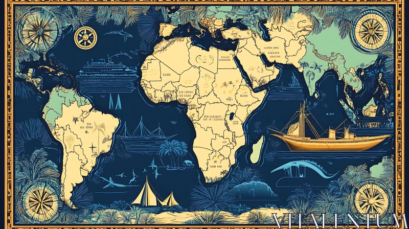 Antique Nautical World Map Illustration AI Image