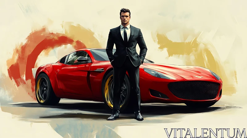 Man in Suit Poses Next to Luxury Red Automobile AI Image