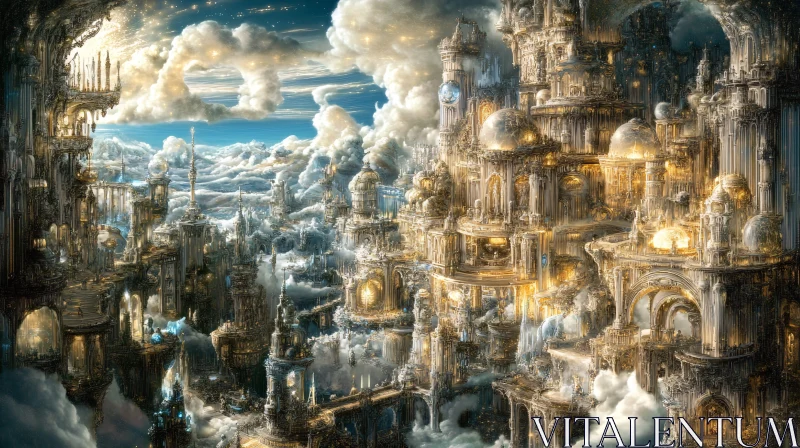 Magical Fantasy Skyline with Glowing Structures Above Clouds AI Image