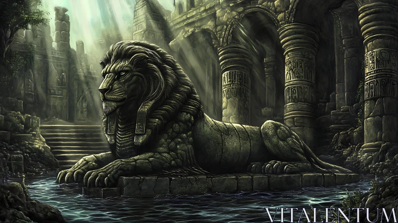 Mystical Lion in Abandoned Temple AI Image