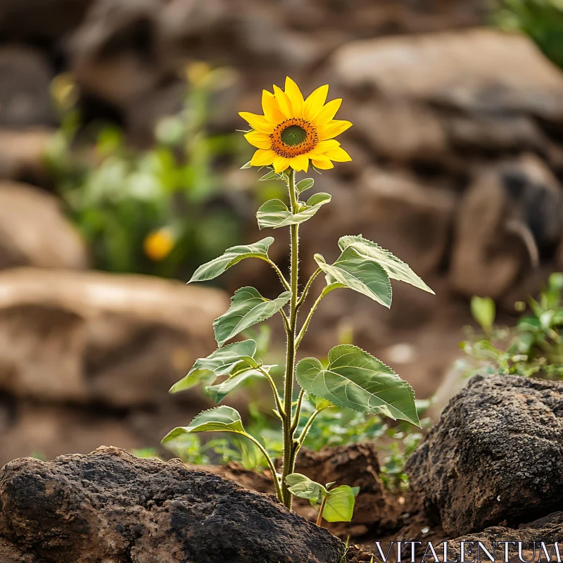 Sunflower Blooming in Rocky Terrain AI Image