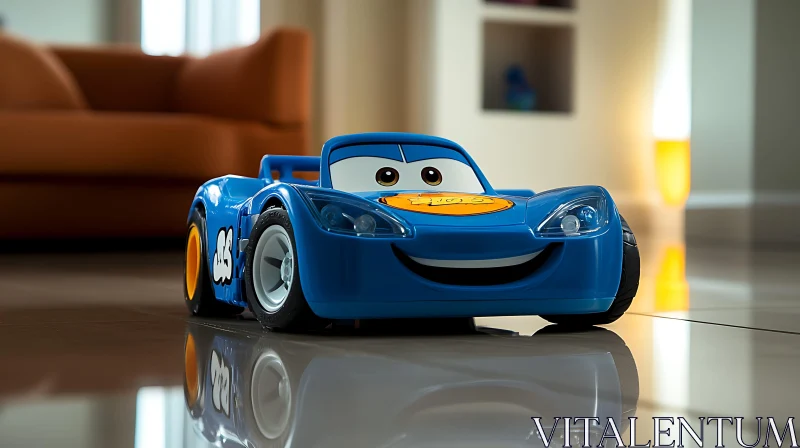 Smiling Blue Toy Car on a Shiny Floor AI Image