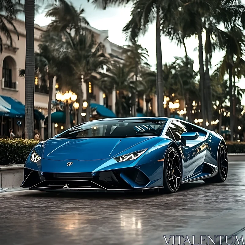 Luxurious Blue Car on Polished Street AI Image