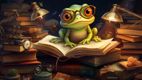 Adorable Frog in Glasses on Book - Digital Art Illustration