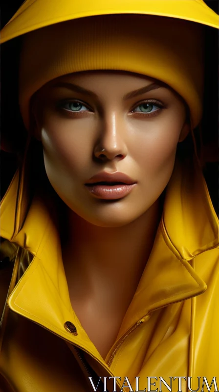 Artistic Model in Yellow Rain Coat - Photorealistic Detailing AI Image