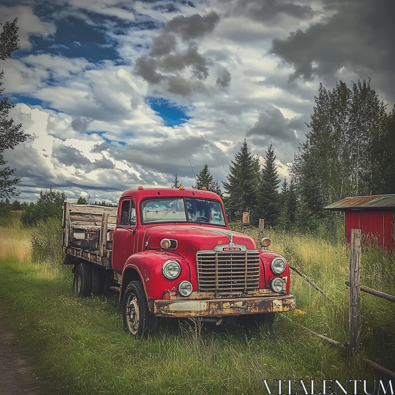 Rustic Red Truck Amidst Lush Greenery AI Image