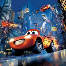 Cheerful Animated Car in Bustling Night City