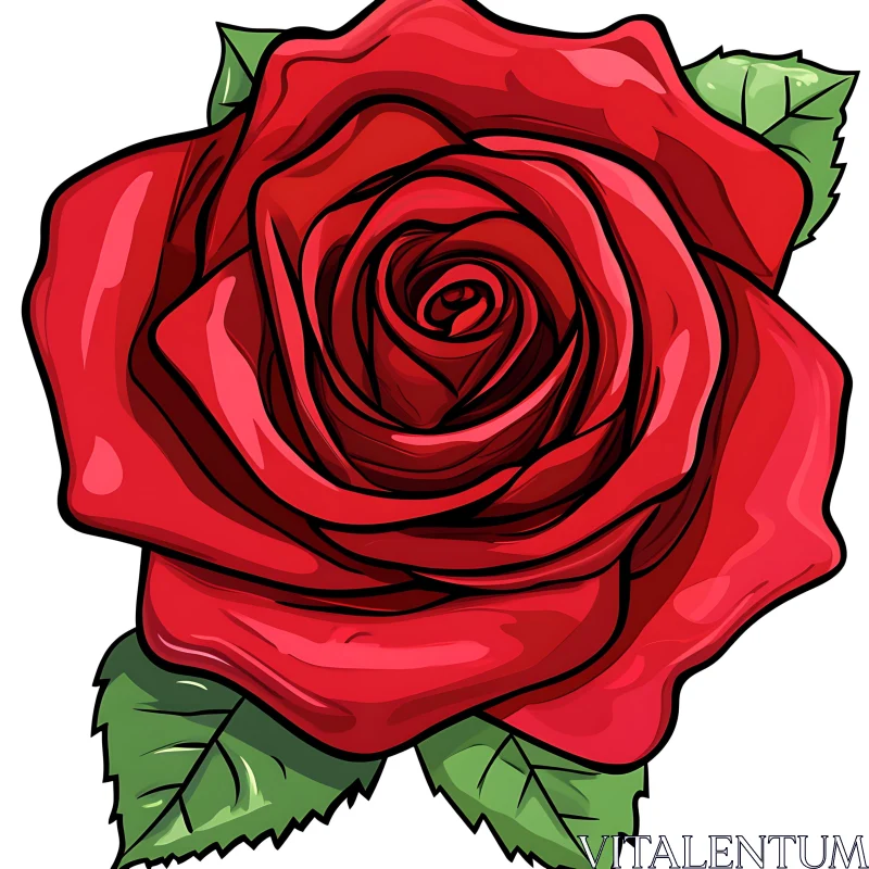 Vivid Red Rose with Green Leaves Artwork AI Image