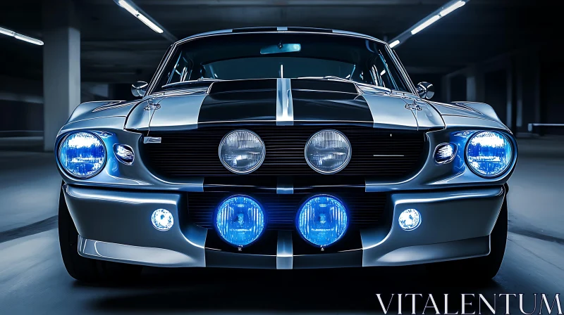 Front View of a Metallic Muscle Car with Blue Lights AI Image