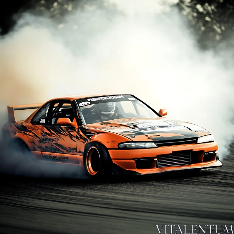 Orange Sports Car Engaging in Intensely Smoky Drift AI Image