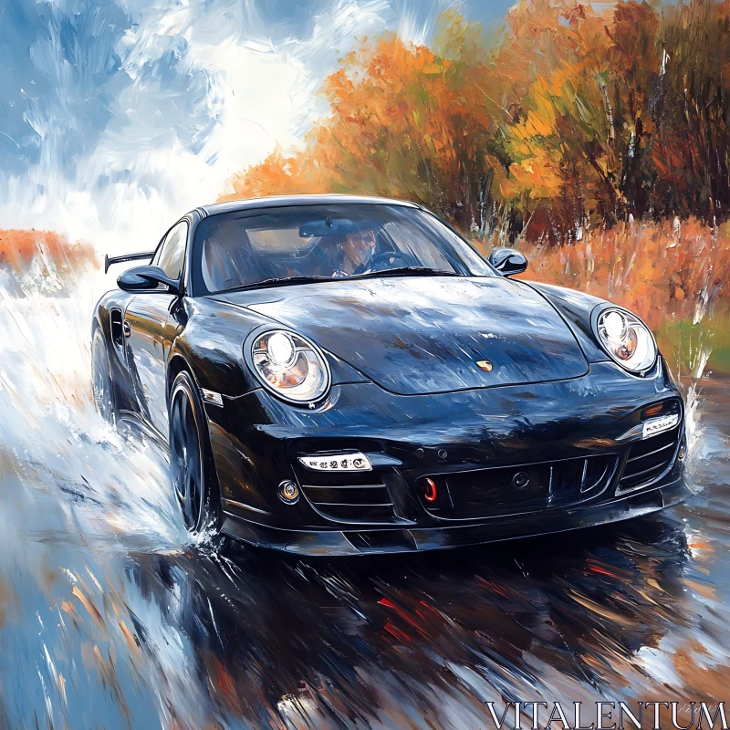 Speeding Black Car Through Autumn Wetlands AI Image