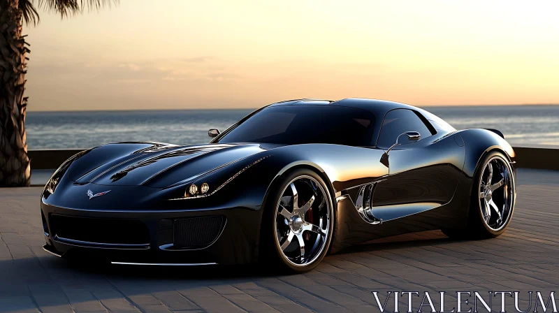 Luxury Black Car at Sunset Beachfront AI Image