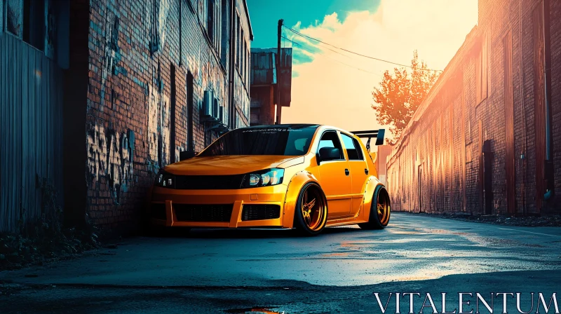 Stylized Yellow Car in Alley at Sunset AI Image