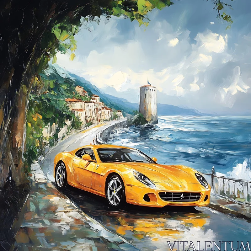 Scenic Coastal Road with Yellow Sports Car AI Image