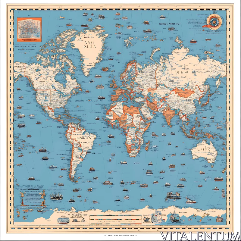 Historical World Map with Landmarks and Oceans AI Image