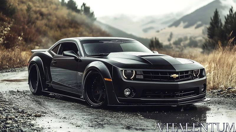 Modern Black Muscle Car in Mountain Scenery AI Image