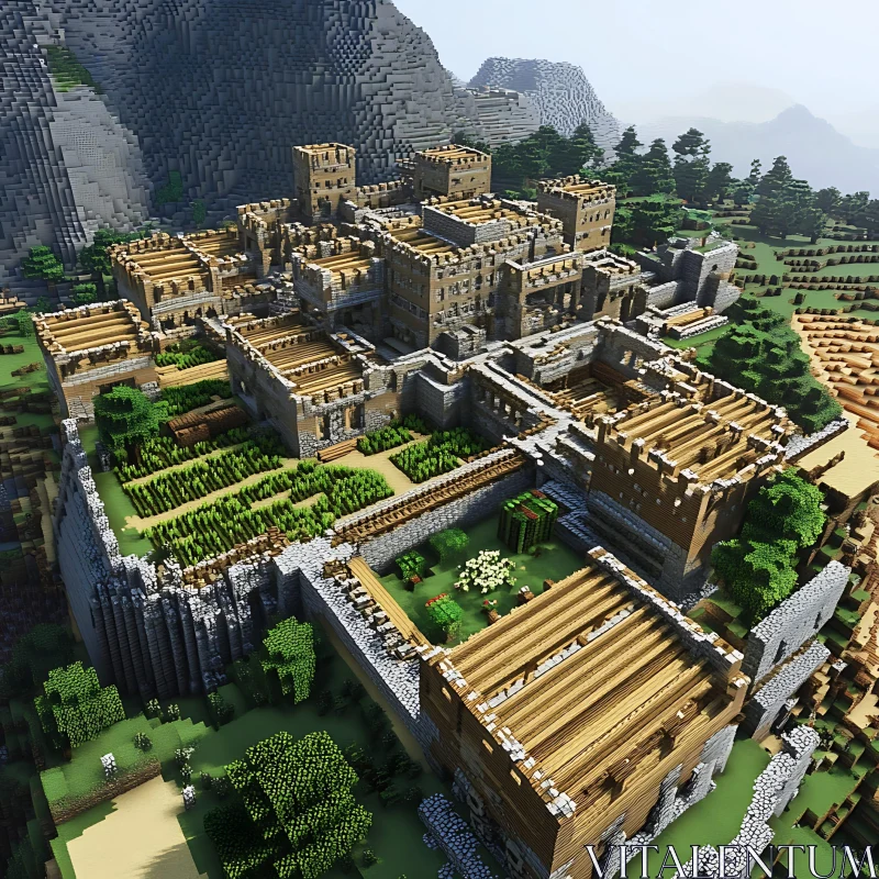 Minecraft Medieval Fortress with Stone Walls and Wooden Rooftops AI Image