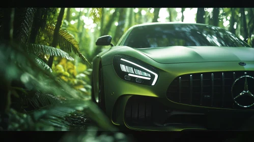 Sleek Green Modern Car Amidst Lush Foliage