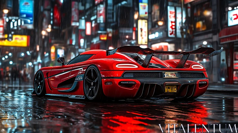 Red Supercar in Neon Rain AI Image