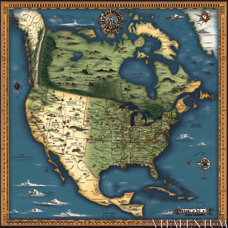 Antique Map of North America with Detailed Illustrations AI Image