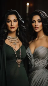 Elegant Women in Gowns and Pearl Jewelry | Dark Silver and Dark Green