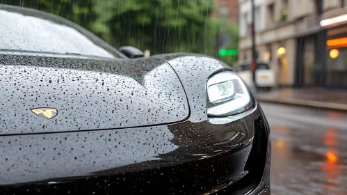 Rain-Drenched Luxury Car on Urban Street