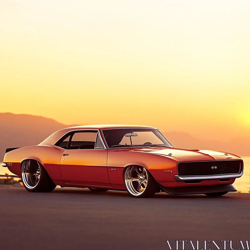 Vintage Red Muscle Car in Scenic Sunset AI Image