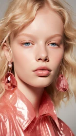 Captivating Fashion Portrait with Pink Leather Jacket and Exquisite Earrings