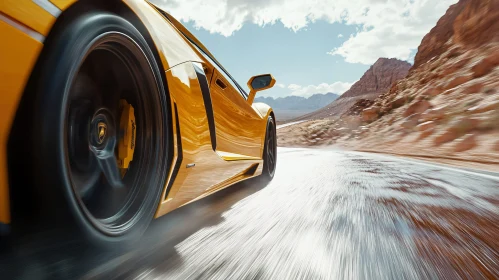 Luxury Yellow Car in High-Speed Desert Drive