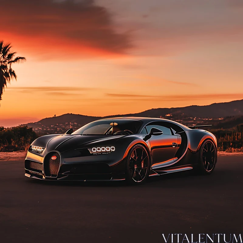 Sleek Black Sports Car in Sunset Landscape AI Image