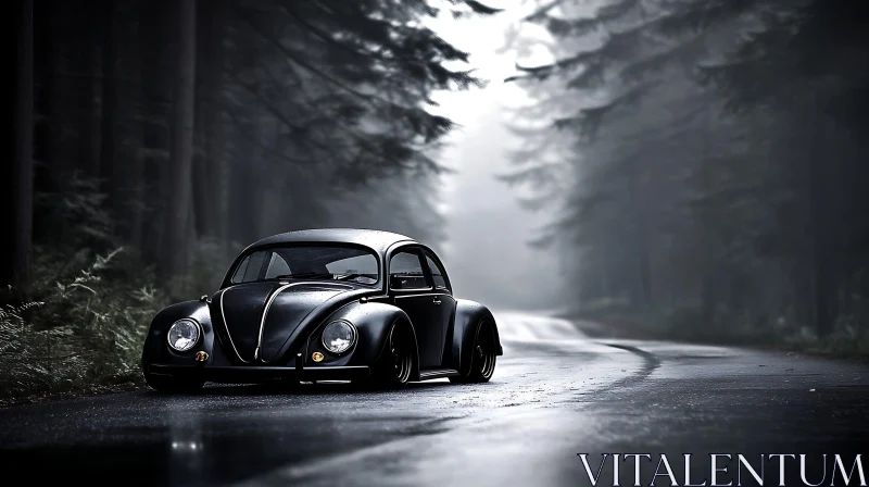 Classic Car in Foggy Forest AI Image