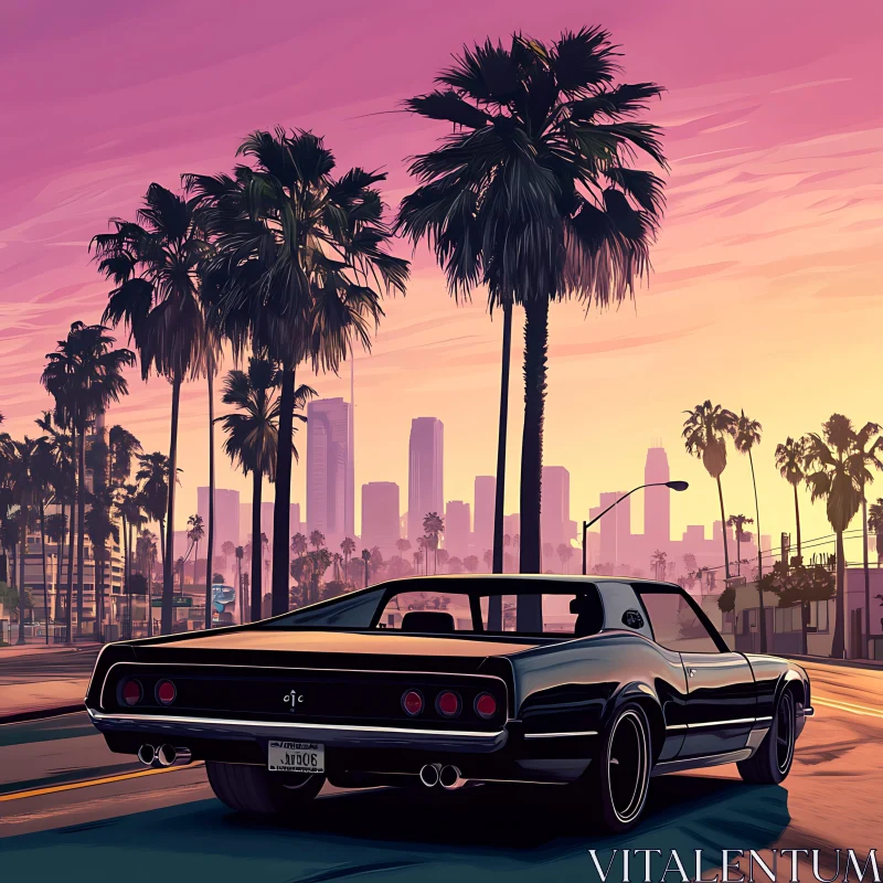 Retro Urban Sunset with Classic Car and Palm Trees Retro Urban Sunset with Classic Car and Palm Trees
