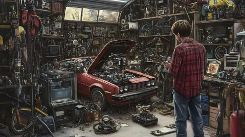 Mechanic in Garage with Vintage Red Car