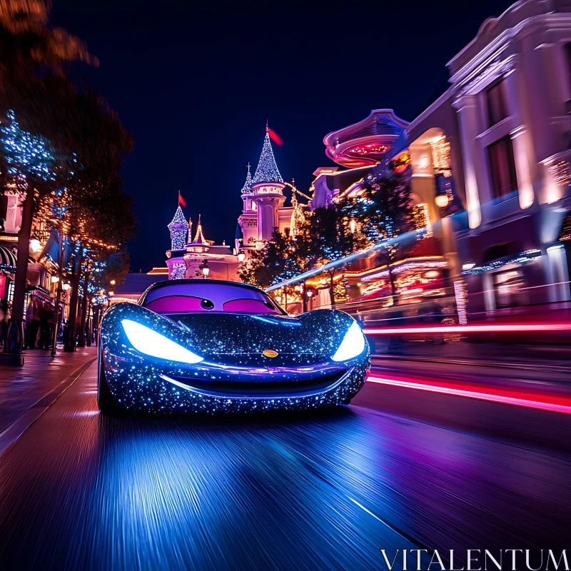Whimsical Night Drive of Illuminated Cartoon Car Whimsical Night Drive of Illuminated Cartoon Car