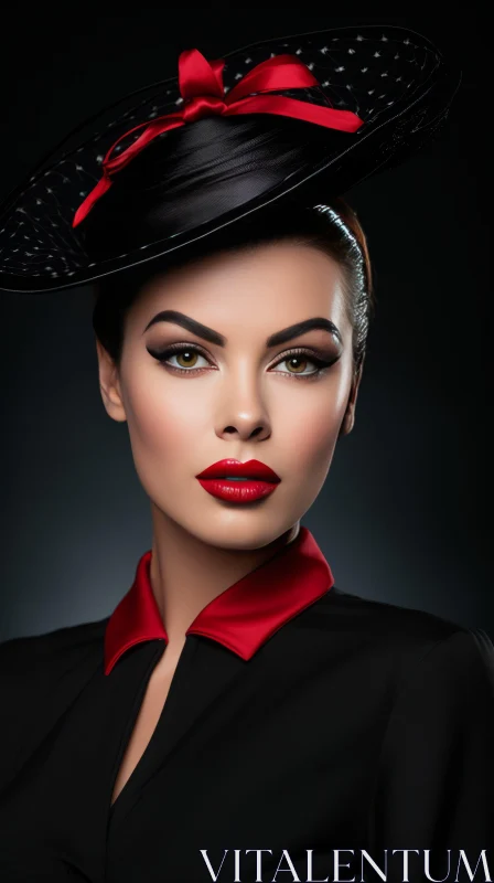 Exquisite Beauty: Lady in Black and Red Hat with Black Lipstick and Cat Eye AI Image