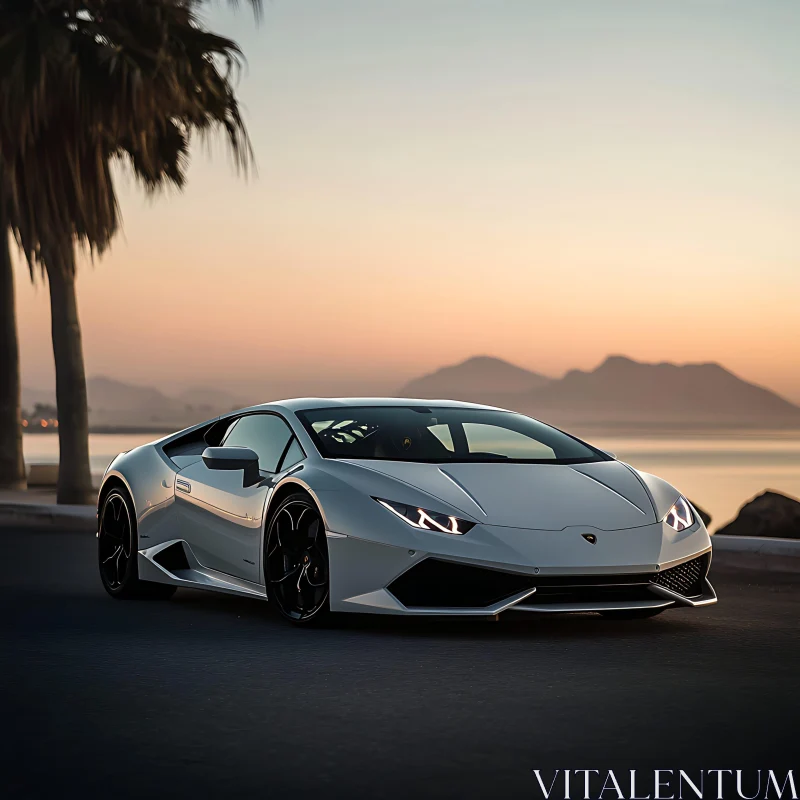 Exotic Car at Dusk by Scenic Waterfront Exotic Car at Dusk by Scenic Waterfront