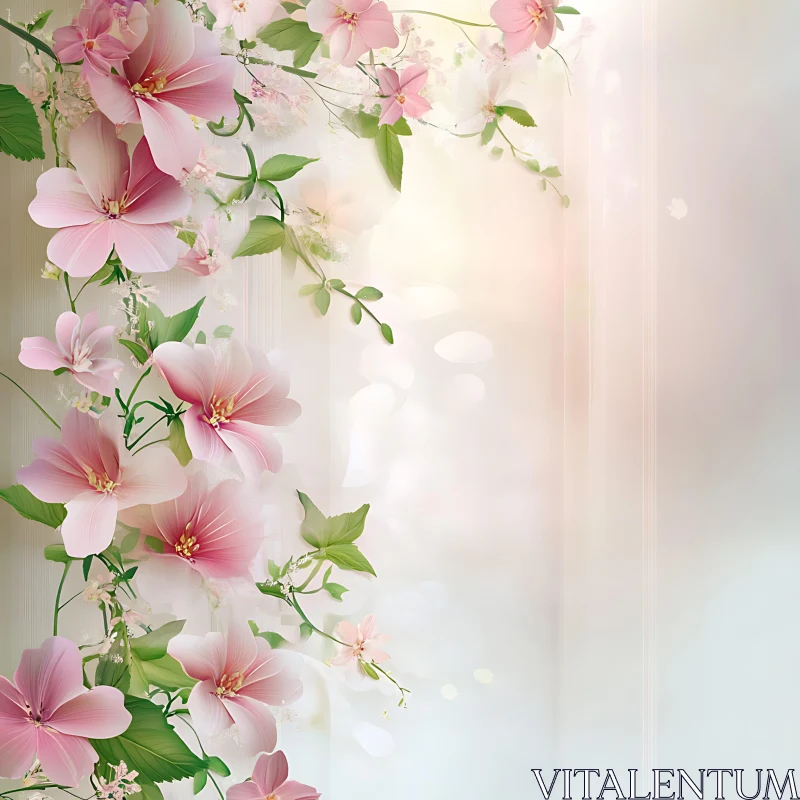 AI ART Delicate Pink Blossoms with Green Leaves